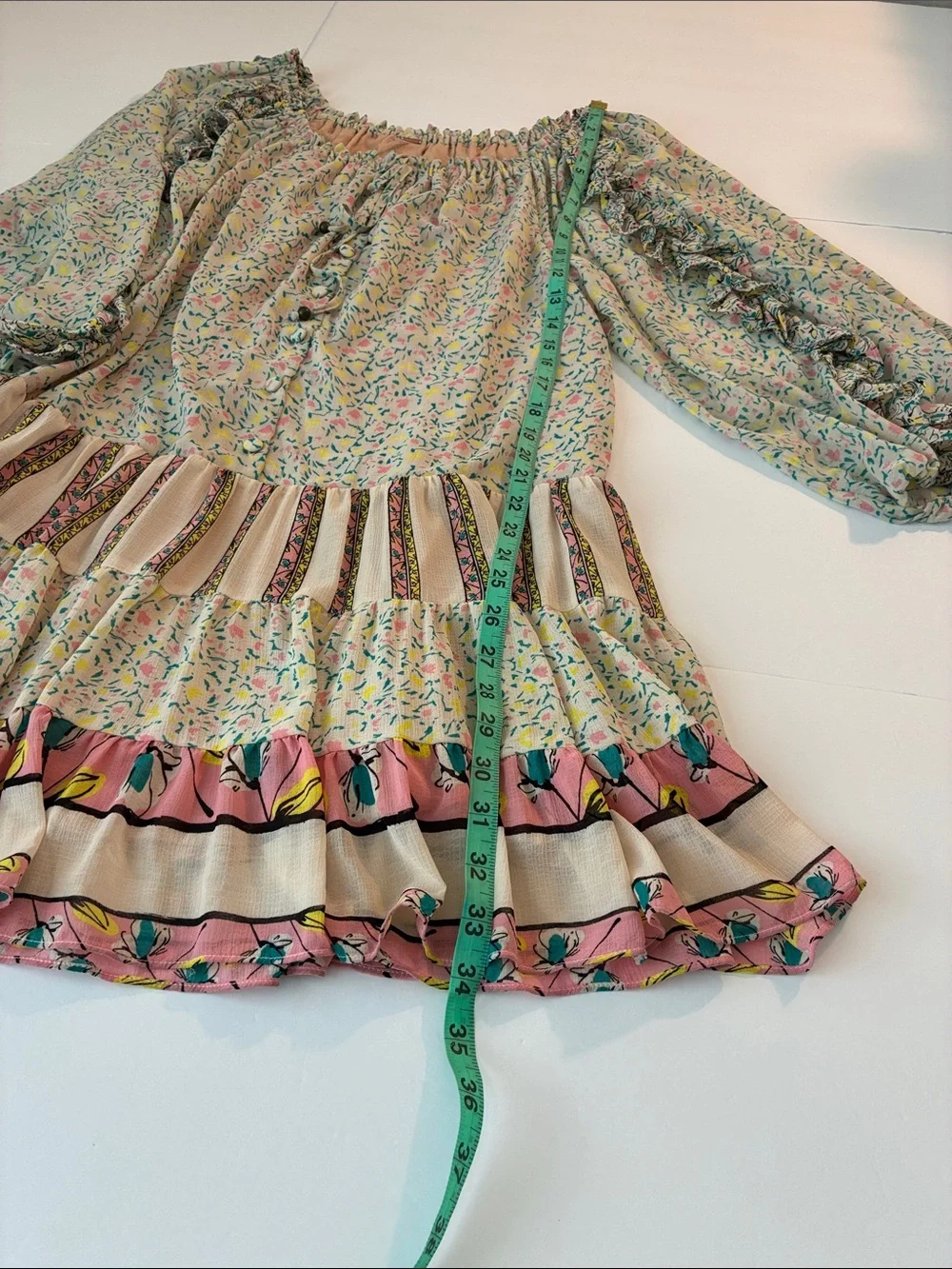 Free People sheer Yellow Pink Tan Floral Off Shoulder Dress